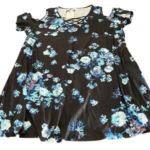 Pinup Fashion Floral Print Knit Dress with Cold Shoulder & Pockets Woman Size 26